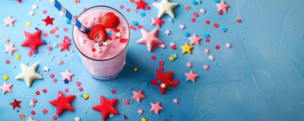 Patriotic smoothie with fruit stars, pop art, vibrant tones, illustration, bold Independence Day imagery