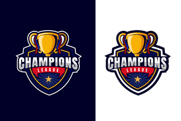 Champions league logo badge featuring trophy with ribbons