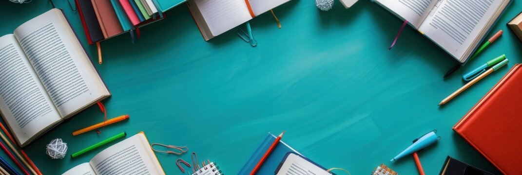 A clean and organized desk with open textbooks, notebooks, pens, and pencils, showcasing a learning environment perfect for tutoring services and educational centers. Generative AI