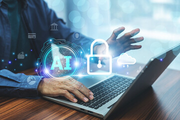 Businessman using AI technology for cybersecurity enhances threat detection and response...