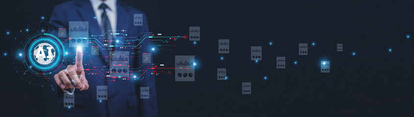 Businessman using AI technology enables advanced data analysis capabilities, revolutionizing...