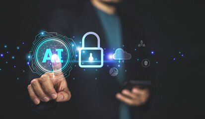 Businessman using AI technology for cybersecurity enhances threat detection and response...