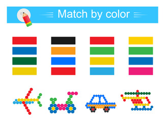 Match by color. Educational game for children. Preschool worksheet activity. Cartoon car, helicopter, bicycle, plane