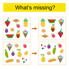 Puzzle game for kids. Task for the development of attention and logic. Find the missing object.