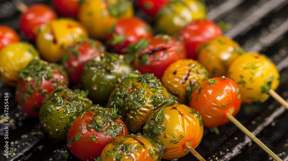 Poster skewers loaded with colorful cherry tomatoes marinated in fragrant herbs and dressed in a light coat