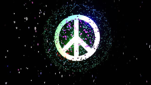 16 seconds of peace symbol with hearts falling from the top of screen and black background hd video 1920 1080 animation
