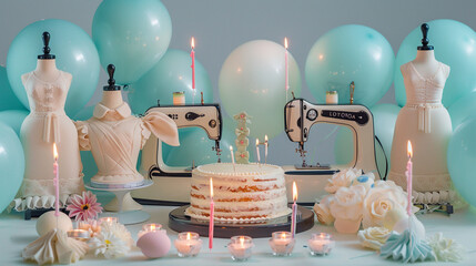 a vintage Parisian fashion atelier-themed birthday extravaganza with balloons resembling dress forms and sewing machines,