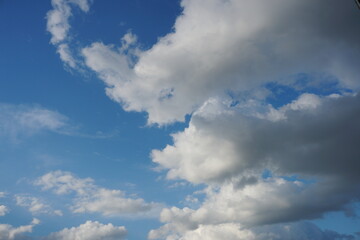 White fluffy clouds in the sky. Blue sky and cloud cover on a sunny summer day. Empty background, copy space