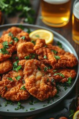 Wiener Schnitzel : with a lemon wedge, parsley garnish, and a glass of golden beer on the side.