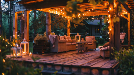 A cozy summer gazebo with a sofa and lanterns in the yard