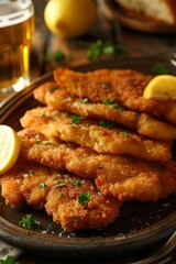 Fototapeta premium Traditional Wiener Schnitzel : with a lemon wedge, parsley garnish, and a glass of golden beer on the side.