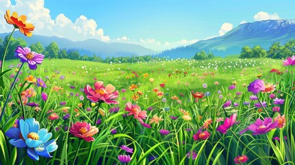 Fototapeta premium Scenic Landscape of a Vibrant Wildflower Meadow with Mountains