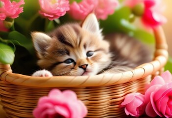 A basket with a sleeping kitten and pink flowers