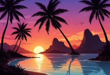 Dark palm trees silhouettes on colorful tropical ocean sunset summertime background. Beach sunset illustration with vibrant gradient sky. Summertime travel and vacation
