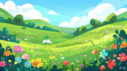 Fototapeta premium Scenic View of Rolling Green Hills, a Colorful Flower Meadow, and a Blue Sky with Fluffy Clouds. Ideal for nature, spring, and summer themes