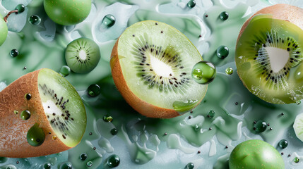 Fresh kiwi fruits with water droplets on green background, showcasing natural textures, perfect for healthy food and nutrition concepts.