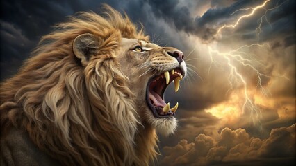 A powerful lion roaring, with its mouth wide open and teeth bared, set against a stormy sky