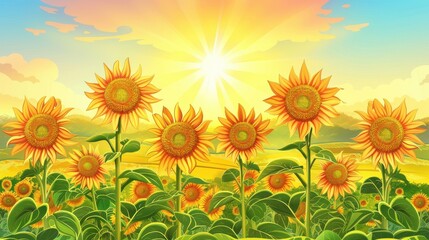 Obraz premium Vibrant Sunflower Field at Sunset. Golden Hour Landscape
