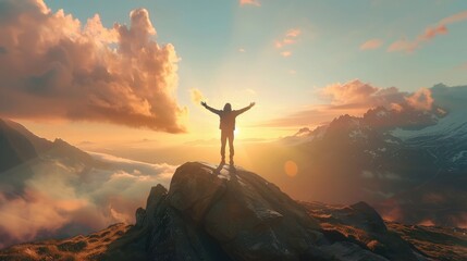 A person standing on a rock with arms outstretched, symbolizing freedom and victory