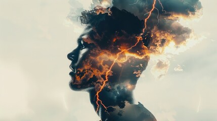 A profile of a man with a stormy sky and lightning blended, creating a dramatic double exposure effect