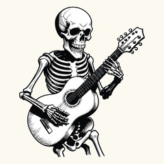 Skeleton Playing Guitar Engraved Style Illustration