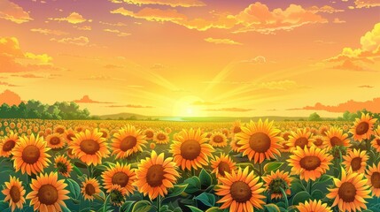 Fototapeta premium Beautiful sunset over a vibrant sunflower field. Summer landscape with golden light.