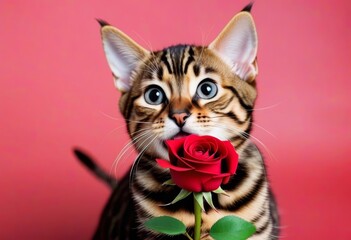 A Bengal cat holding a rose in its mouth with a colorful background