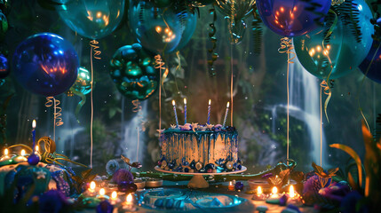 a mystical enchanted forest waterfall glade birthday bash with balloons resembling enchanted forest waterfalls and hidden fairy pools,
