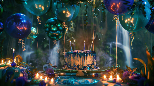 a mystical enchanted forest waterfall glade birthday bash with balloons resembling enchanted forest waterfalls and hidden fairy pools,