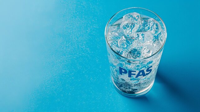 Contaminated PFAS in water glass, human health risks, light blue background, banner with copy space