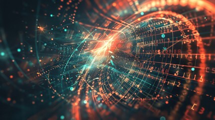 Abstract background featuring scientific equations and dynamic particles.