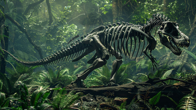 A fossilized dinosaur skeleton transforms into a living breathing creature roaming a prehistoric landscape filled with lush vegetation High Quality High Clarity Space for Text