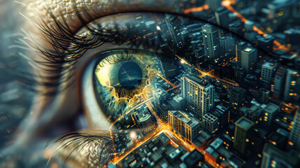 A hyperrealistic closeup of an eye reflecting a vibrant cityscape transforms into a stylized isometric puzzle with interlocking buildings and bustling streets symbolizing the co