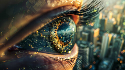 A hyperrealistic closeup of an eye reflecting a vibrant cityscape transforms into a stylized isometric puzzle with interlocking buildings and bustling streets symbolizing the co