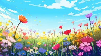Fototapeta premium Vibrant wildflower meadow under a bright blue sky. A digital illustration of colorful blossoms, perfect for nature and spring themes.