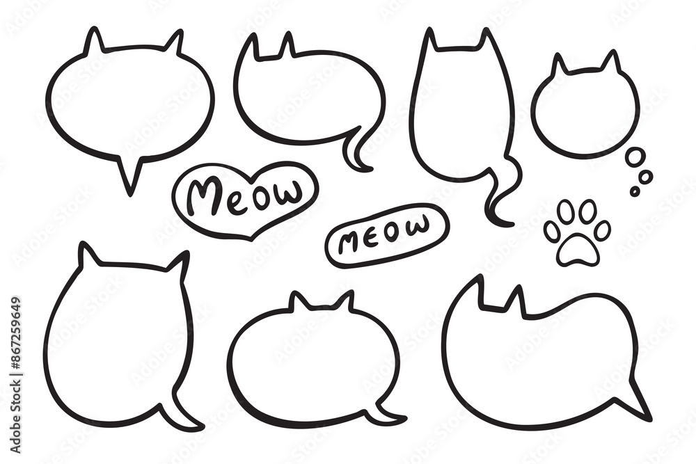 Aufkleber speech bubble in the shape cat. empty cute speech bubble with cat ears and tail. set linear vector