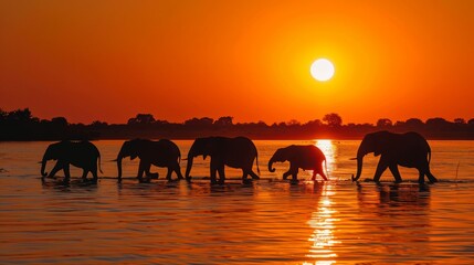 Elephants are spotted crossing the Chobe River at sunset, witnessed from a boat.