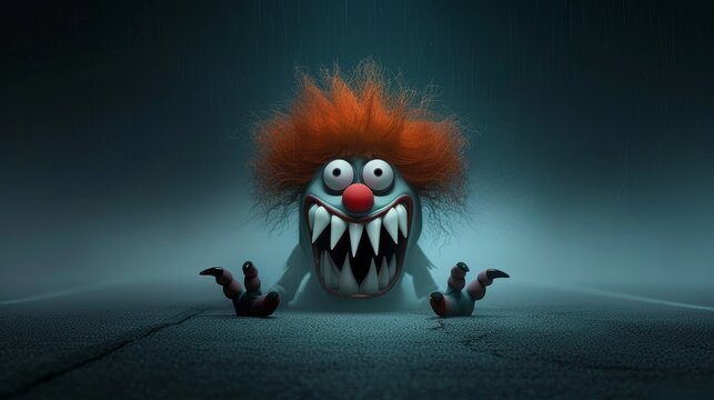 Fictional creepy clown monster with orange hair and sharp teeth emerging from dark mist