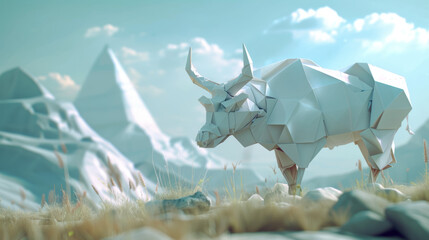 A low poly origami animal unfolds into a photorealistic creature within a stylized geometric landscape blending textures and dimensionality High Quality High Clarity Space fo