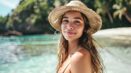 Appealing enticing charming woman portrait on the beach with clear blue water in a tropical country, breathtaking landscape without people