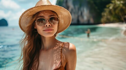 Appealing enticing charming woman portrait on the beach with clear blue water in a tropical country, breathtaking landscape without people