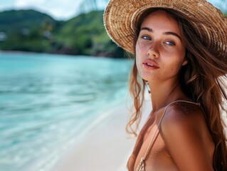 Appealing enticing charming woman portrait on the beach with clear blue water in a tropical country, breathtaking landscape without people