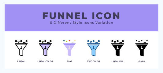 Filter funnel icon set with different styles. Icons designed in filled. outline. flat. glyph and line colored.