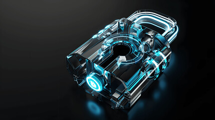 Futuristic digital padlock with transparent design and blue accents