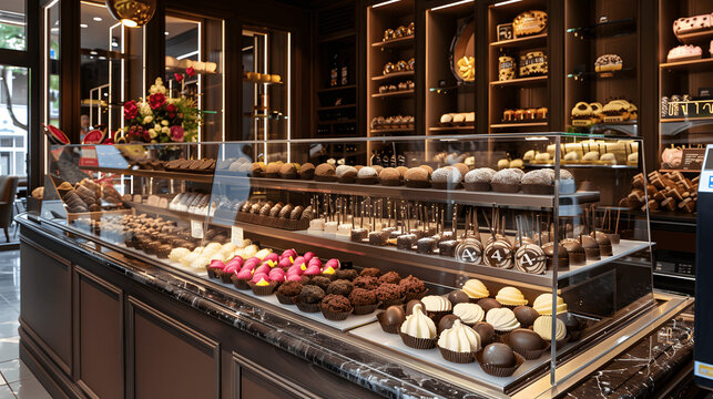 Gourmet chocolate shop counter with truffles and pralines