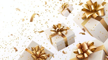 Gift boxes with golden bows and gold sequins confetti on a white background, flying and falling. Vector illustration.