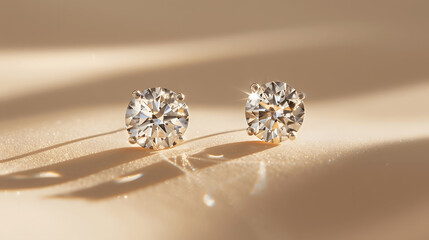 Diamond earrings showcased on beige background