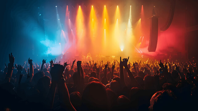 Overhead shot of huge concert crowd with vibrant stage lights