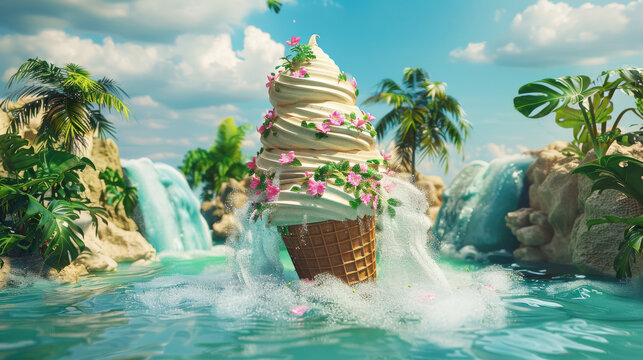 A melting ice cream cone transforms into a vibrant tropical island paradise complete with lush foliage and shimmering waterfalls High Quality High Clarity Space for Text Prof
