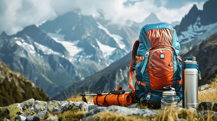 Essential hiking equipment showcase with mountain backdrop